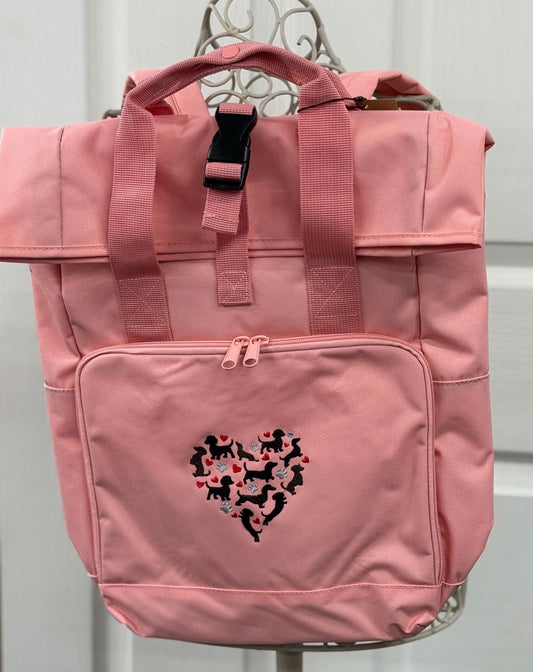 Embroidered Dachshund Roll Top Backpack: Recycled Polyester Rucksack