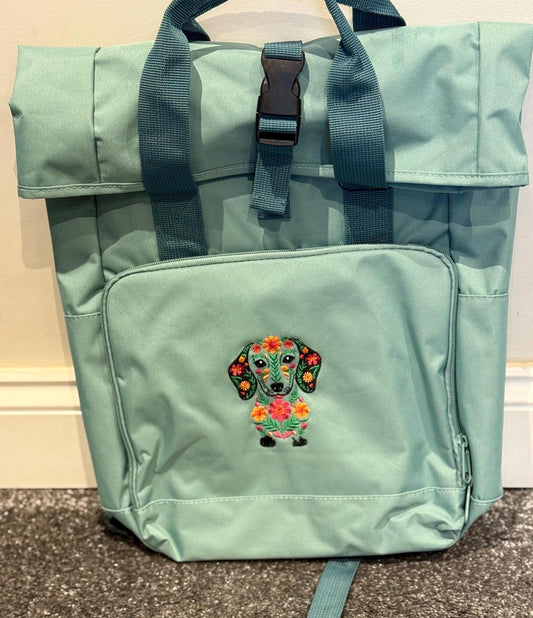 Embroidered Dachshund Roll Top Rucksack: Recycled Polyester Dog Backpack