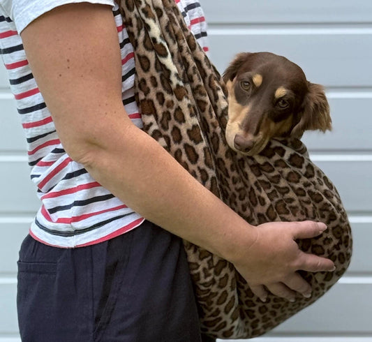 Leopard Print Dachshund Dog Sling Carrier: Polar Fleece, Swivel Hook