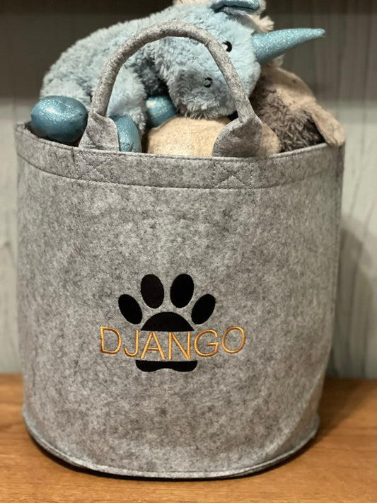 Personalized Dog Toy Basket: Felt Storage with Paw Print
