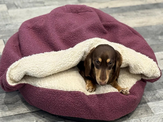 Boucle Dachshund Bed Cave: Snuggle Dog Burrow Bed personalisable.