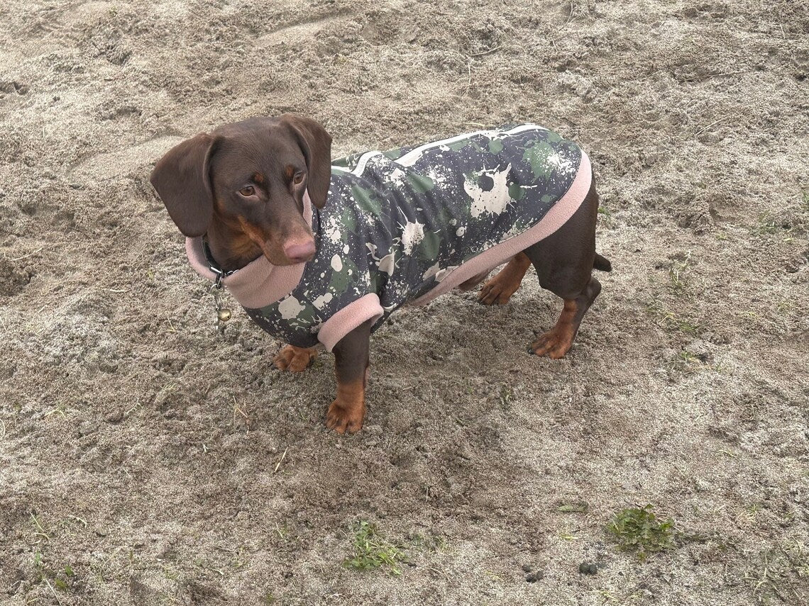 Water-Resistant Dachshund Fleece Jumper: Zipped Soft Shell, Handmade.