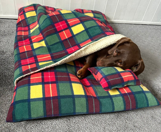 Fleece Dog Bed Cave: Snuggle Sack with Sherpa Lining.