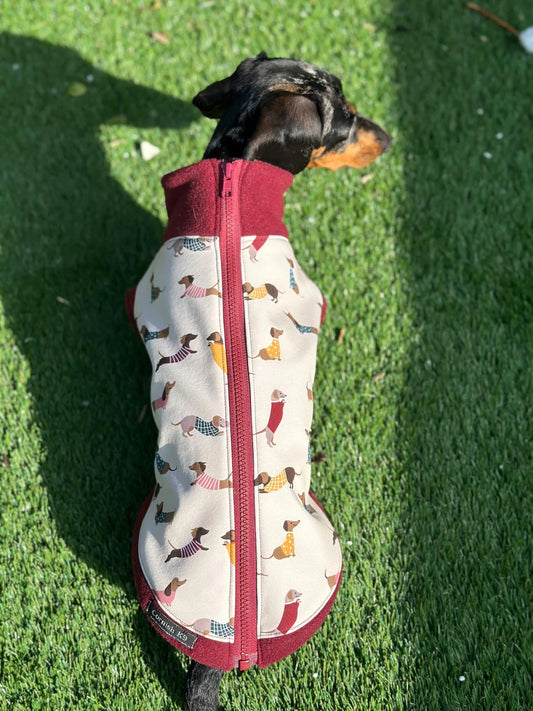 Dachshund Print Softshell Fleece Dog Jacket: Waterproof Jumper.