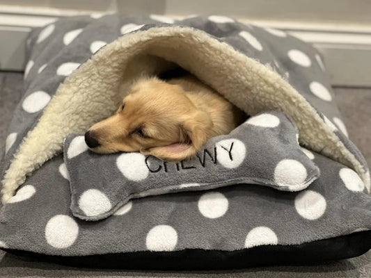 Cuddle Fleece Dog Bed Cave: Dachshund Snuggle bed ,Personalized borrowing den.