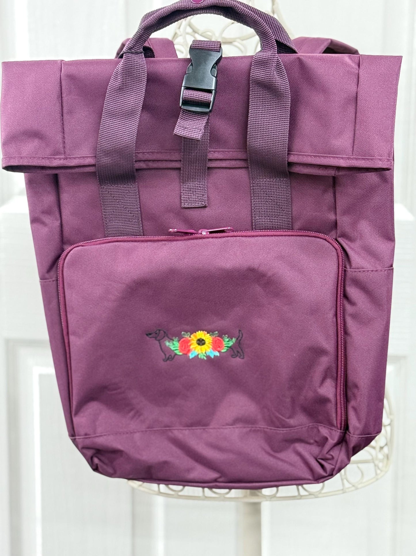 Dachshund Embroidered Roll Top Rucksack: Recycled Polyester Dog Lover Gift