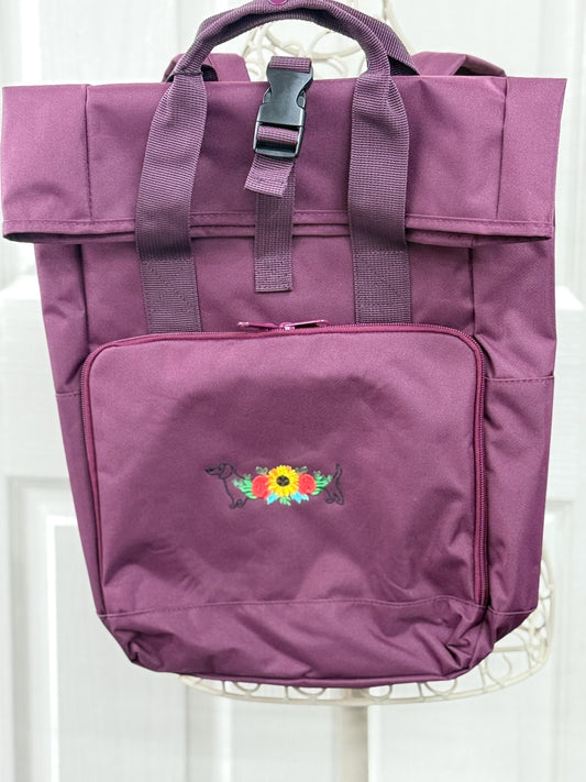 Dachshund Embroidered Roll Top Rucksack: Recycled Polyester Dog Lover Gift