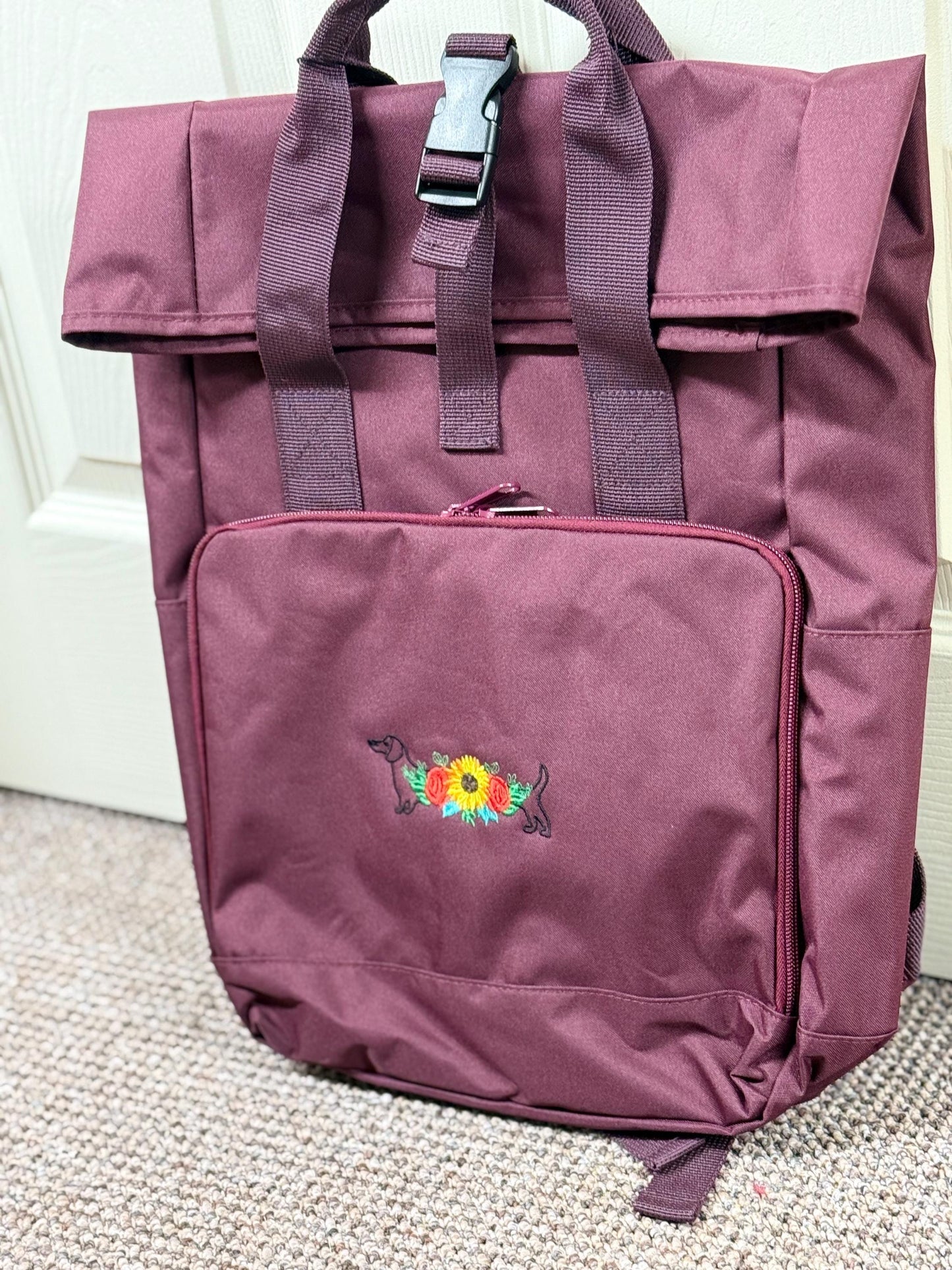 Dachshund Embroidered Roll Top Rucksack: Recycled Polyester Dog Lover Gift
