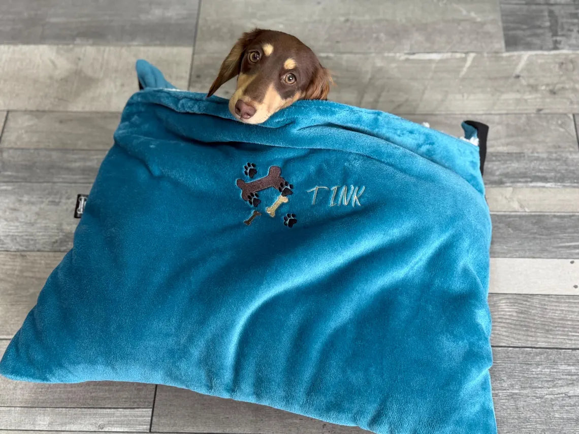 Dachshund Fleece Bed Cave: Small Dog Snuggle Sack, Personalized Sleeping Bag.