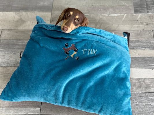 Dachshund Fleece Bed Cave: Small Dog Snuggle Sack, Personalized Sleeping Bag.