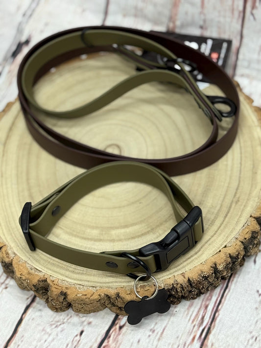Waterproof Biothane Dog Collar & Lead Set: Black Metal Hardware