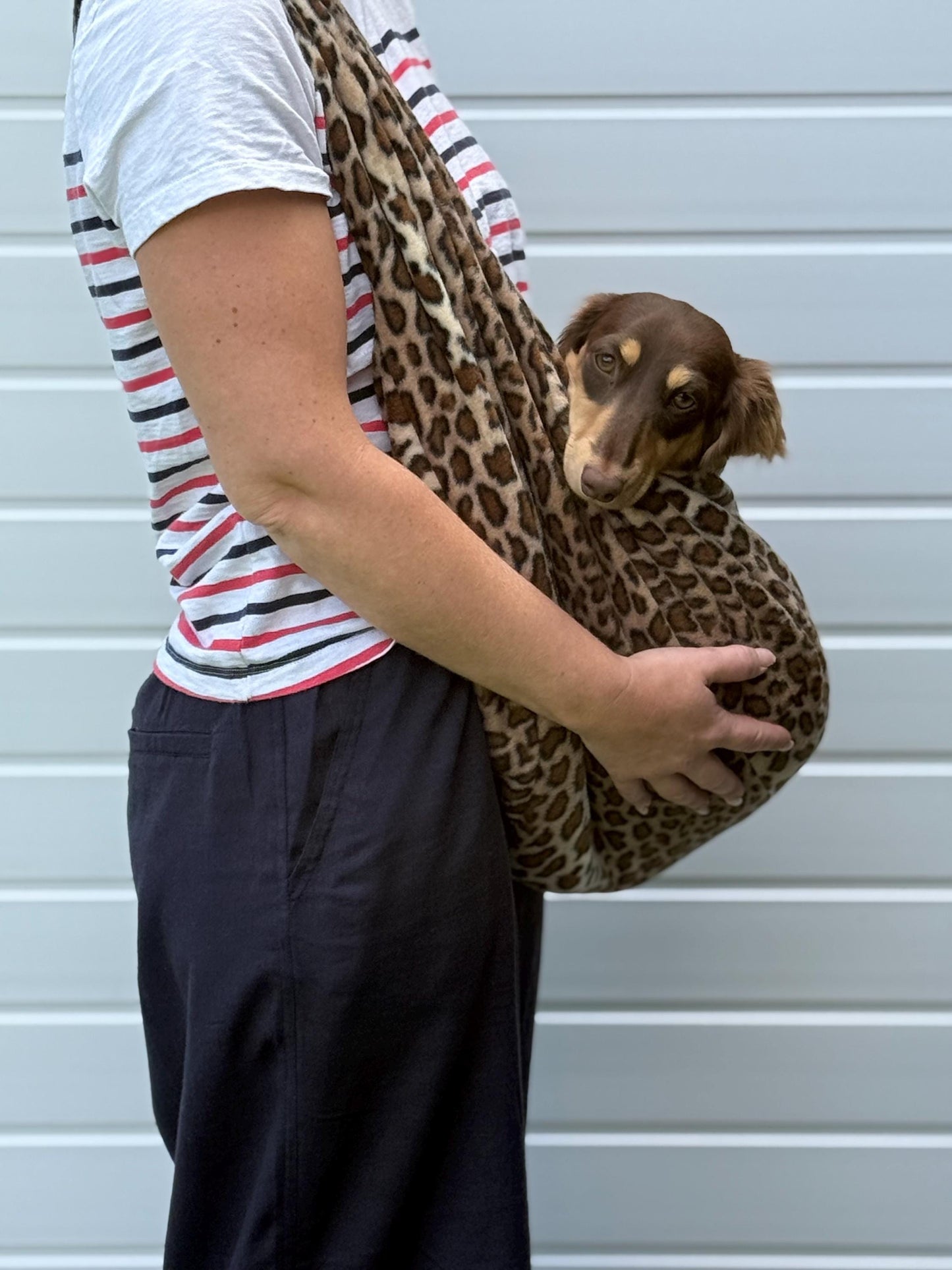 Leopard Print Dachshund Dog Sling Carrier: Polar Fleece, Swivel Hook