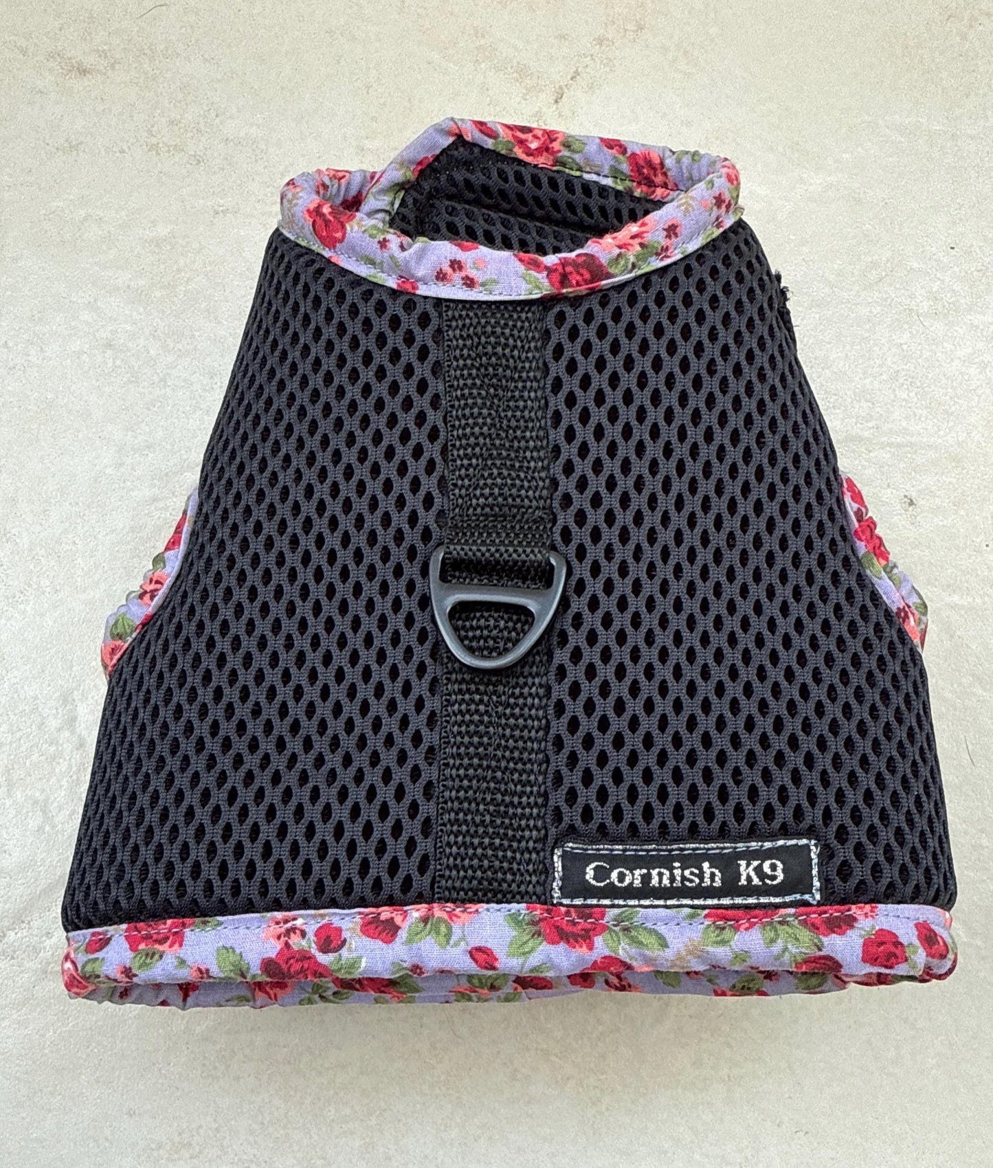 Limited Edition Dachshund Harness: Black Spacer Mesh, Floral Trim