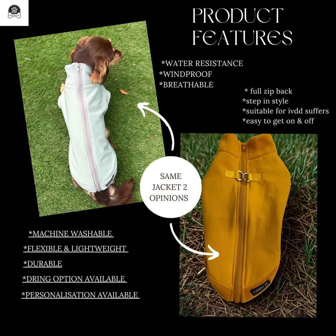 Dachshund water resistant zipped jumper Softshell Dog Coat Mud Repellent.