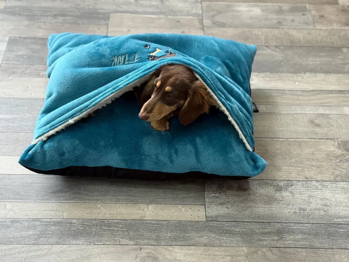 Dachshund Fleece Bed Cave: Small Dog Snuggle Sack, Personalized Sleeping Bag.