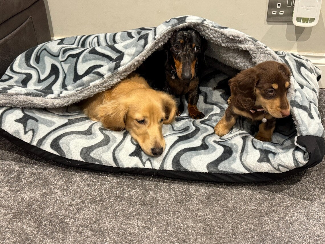 Corduroy Dachshund Bed Cave: Sherpa Fleece Snuggle Sack, Personalized Dog Sleeping Bag