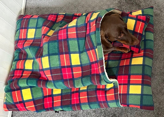 Fleece Dog Bed Cave: Snuggle Sack with Sherpa Lining.