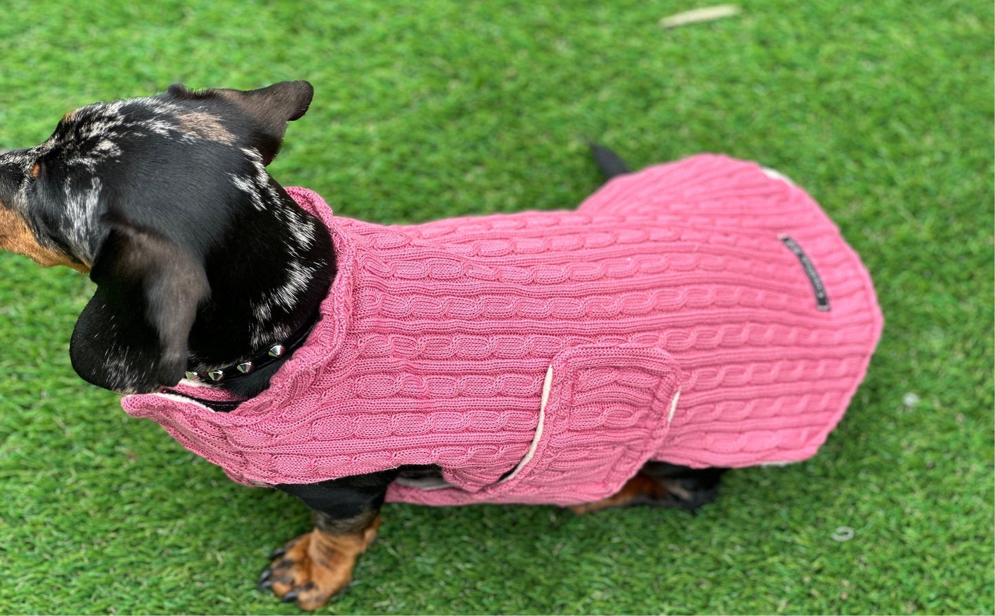 Cable Knit Dachshund Coat: Fleece Lined Dog Jacket