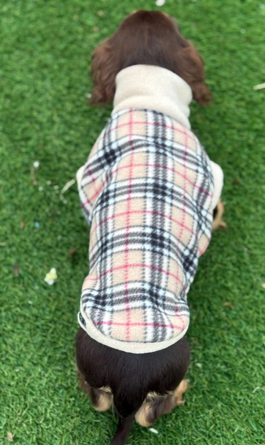 Beige Tartan Dachshund Fleece Jumper: Water & Mud Repellent