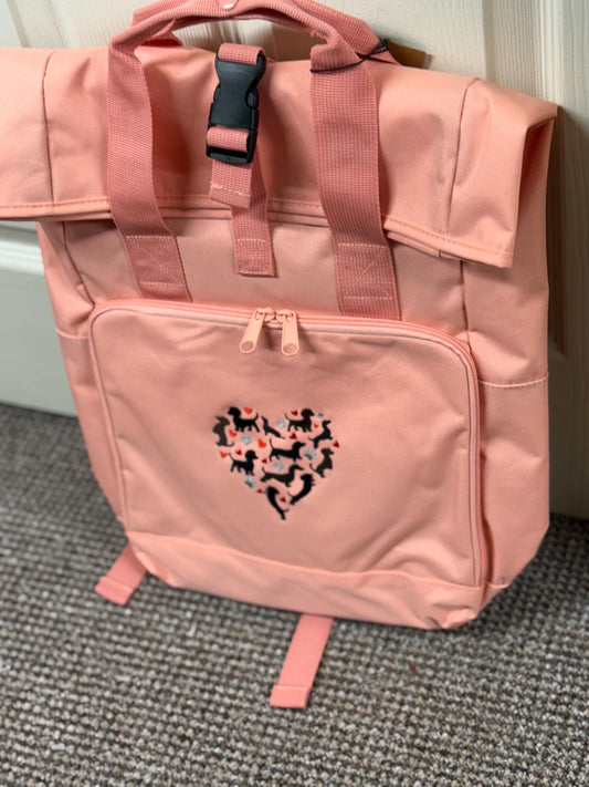 Embroidered Dachshund Roll Top Backpack: Recycled Polyester Rucksack