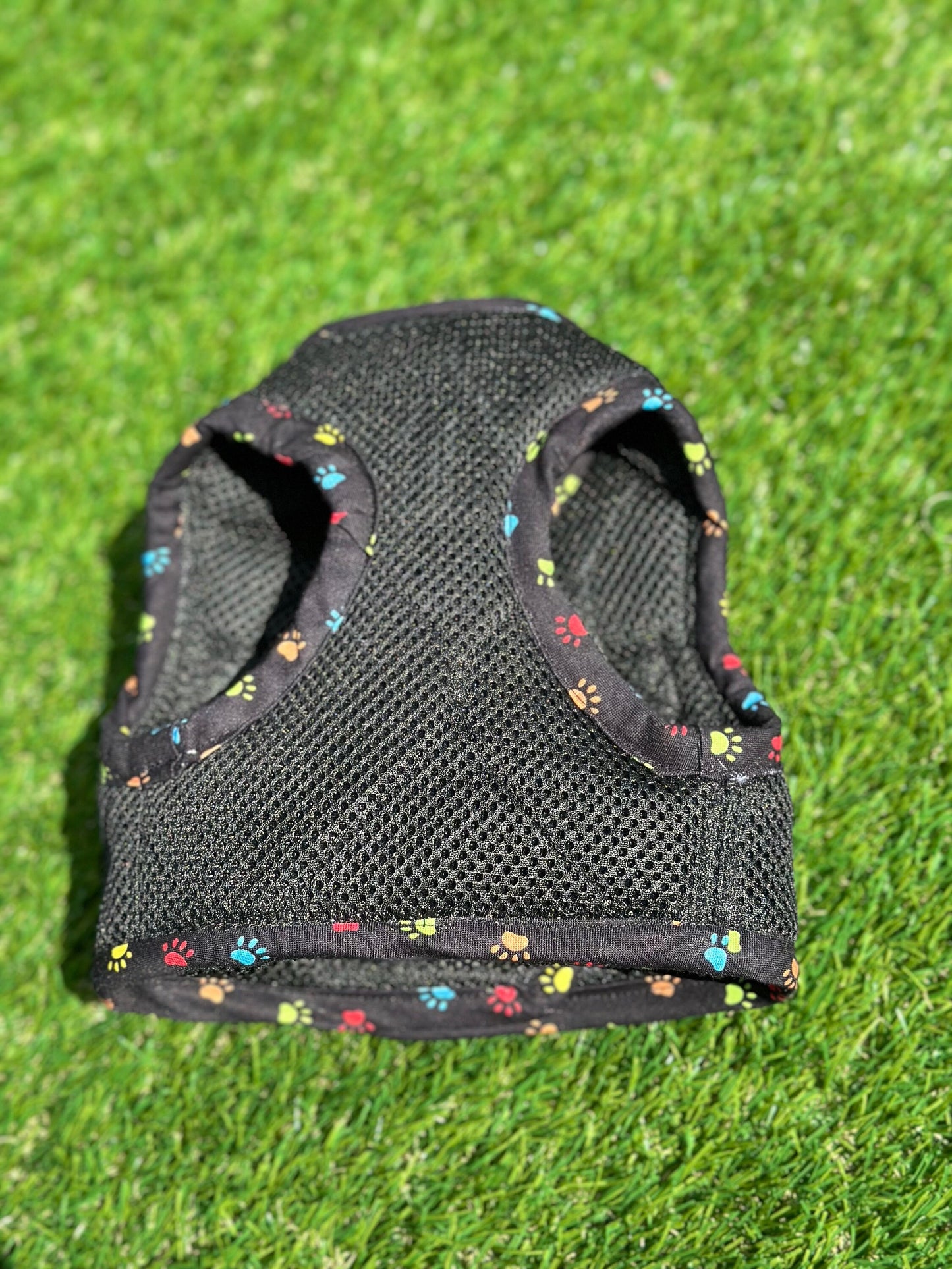 Made-to-Order Dachshund Harness: Black Spacer Mesh, Paw Print Trim