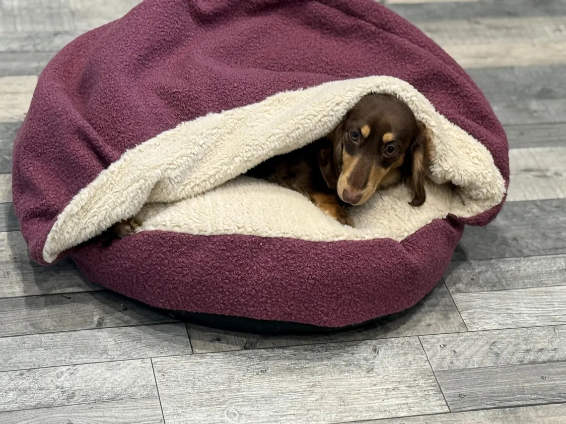 Boucle Dachshund Bed Cave: Snuggle Dog Burrow Bed personalisable.