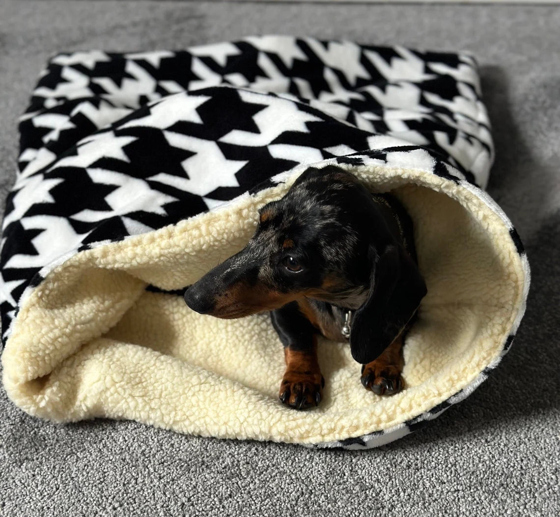 Houndstooth Dog Snuggle Sack: Fleece Pet Bed Warmer.