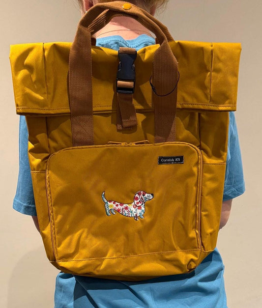 Embroidered Dachshund Roll Top Backpack: Recycled Polyester Rucksack