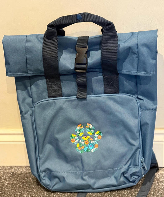 Floral Paw Print Roll Top Backpack: Recycled Polyester Dog Rucksack