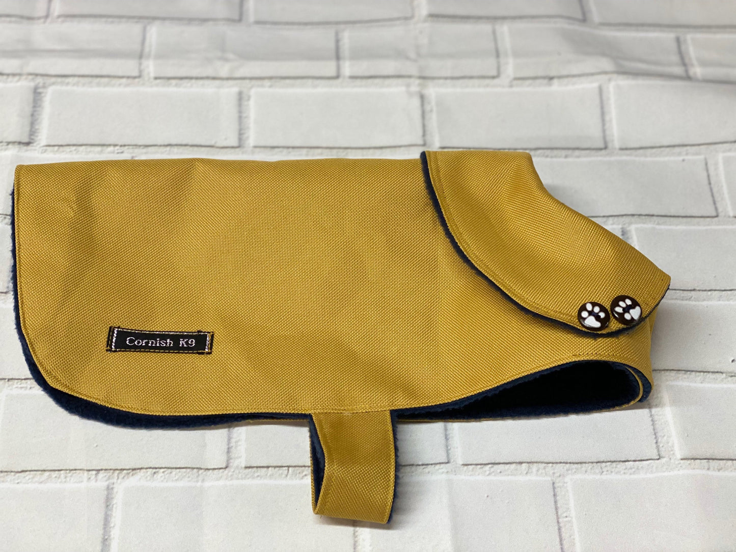 Mustard Waterproof Dachshund Dog Coat: Fleece Lined, Harness Hole