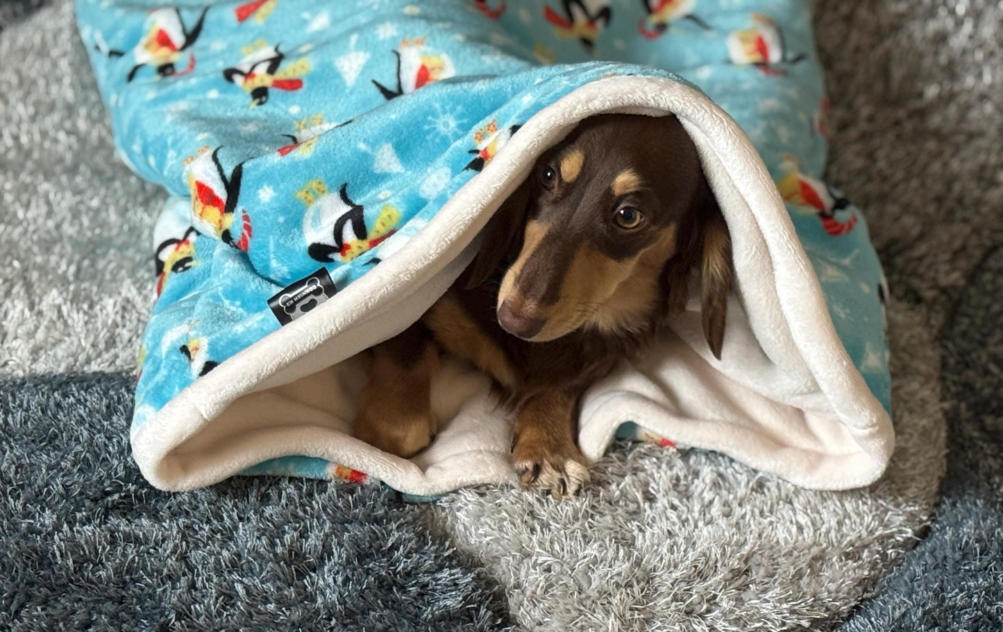 Christmas Penguin Fleece Dog Snuggle Sack: Padded Dachshund Bed