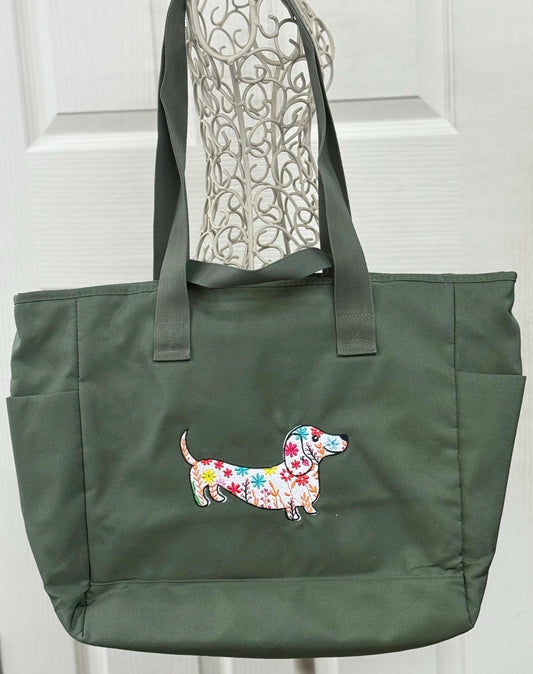 Embroidered Dachshund Tote Bag: Recycled Polyester Travel Bag
