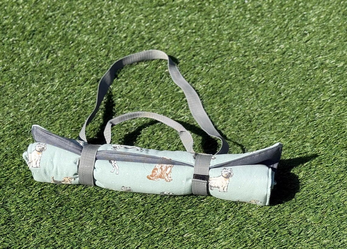 Dog Travel Roll Mat: Cotton Canvas, Waterproof Base.
