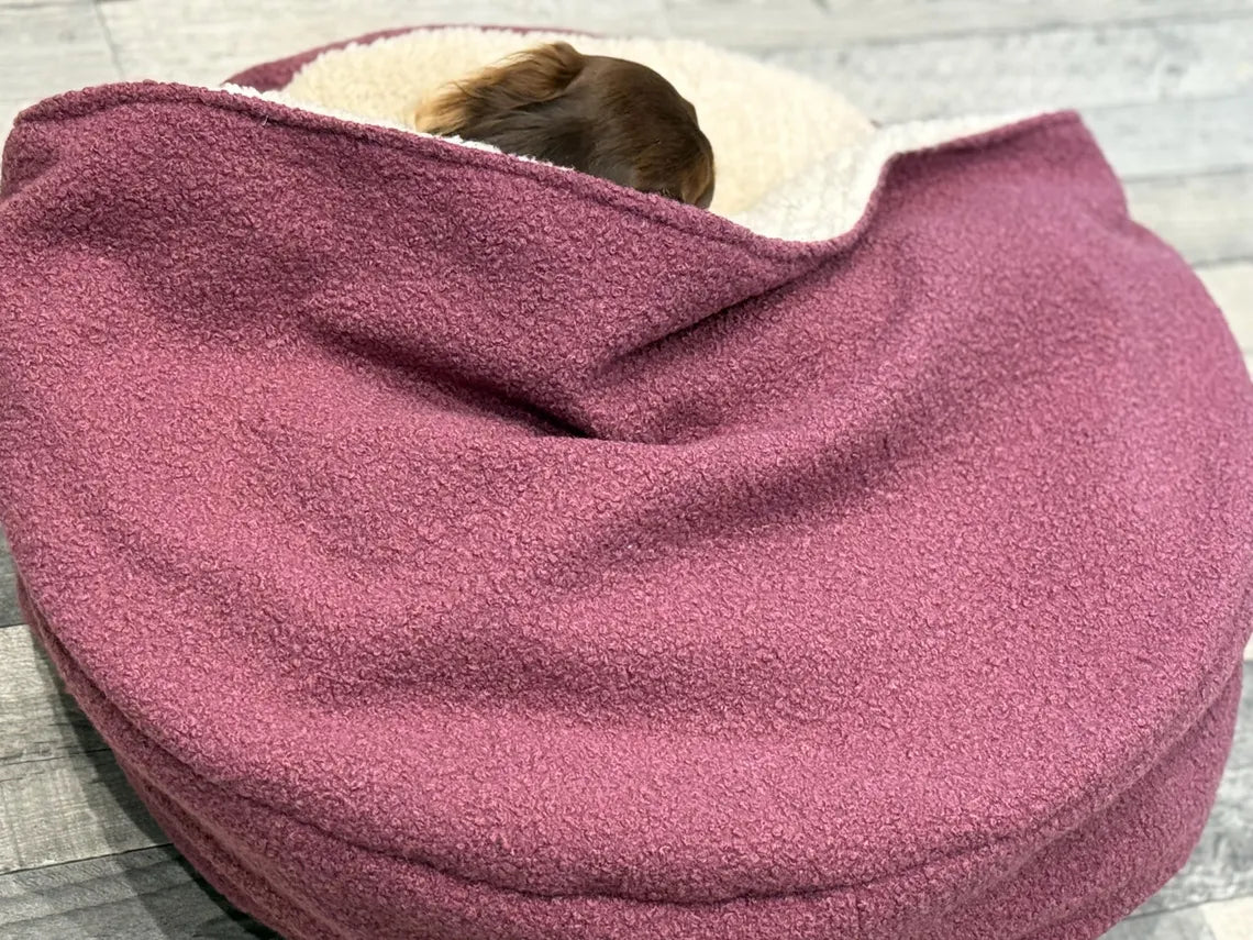 Boucle Dachshund Bed Cave: Snuggle Dog Burrow Bed personalisable.