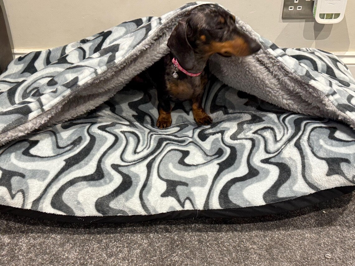 Corduroy Dachshund Bed Cave: Sherpa Fleece Snuggle Sack, Personalized Dog Sleeping Bag