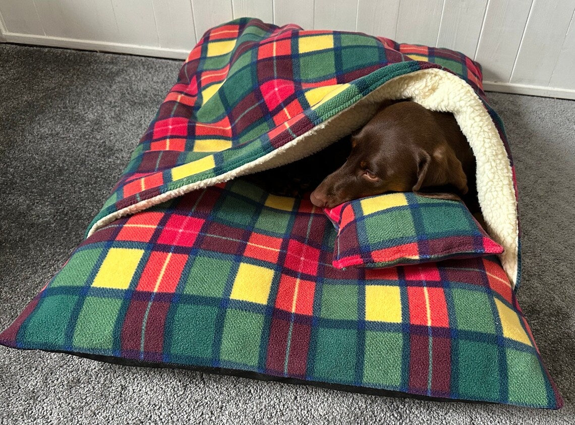Fleece Dog Bed Cave: Snuggle Sack with Sherpa Lining.