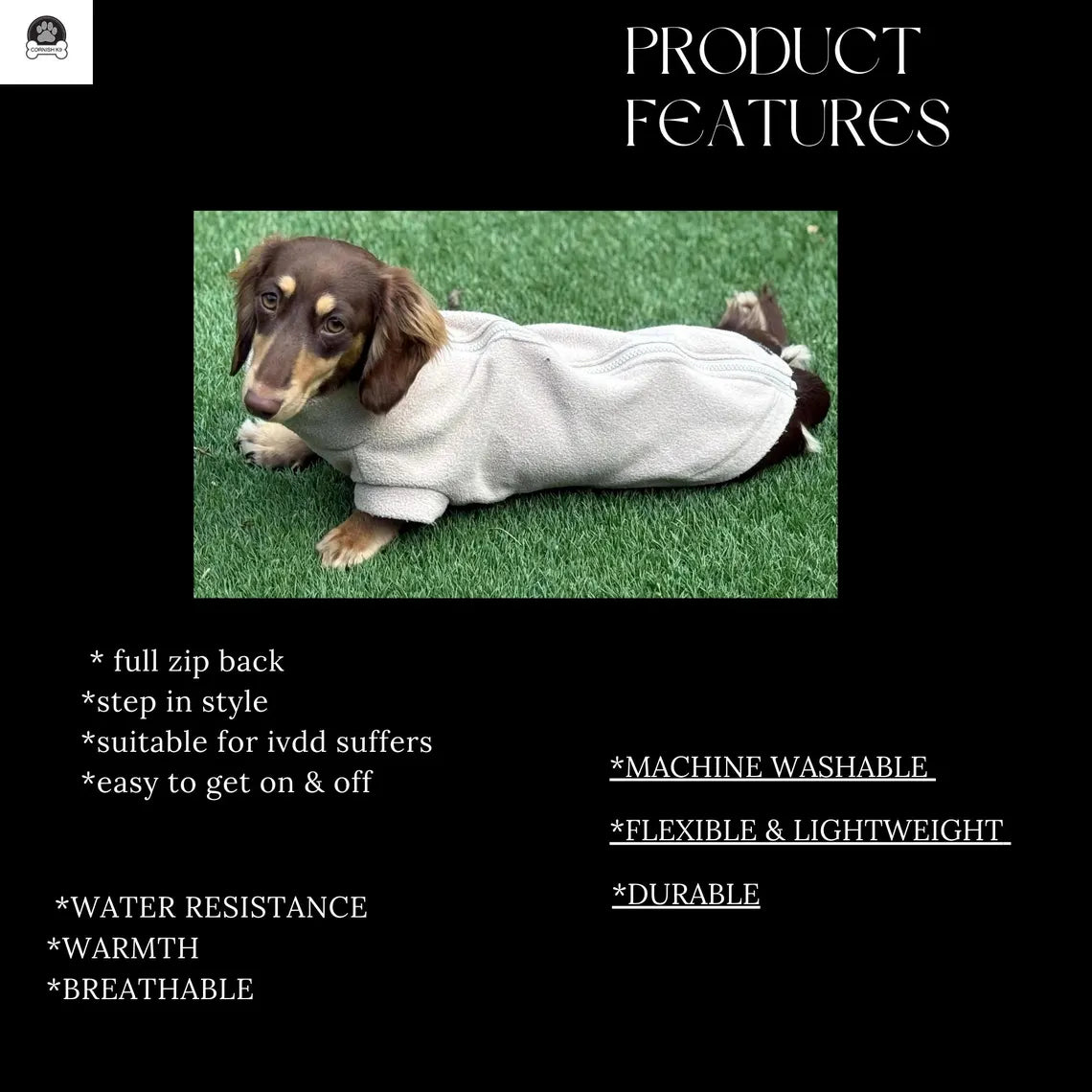 Dachshund Fleece Dog Jumper: Water & Mud Repellent, Zipped Tankie.