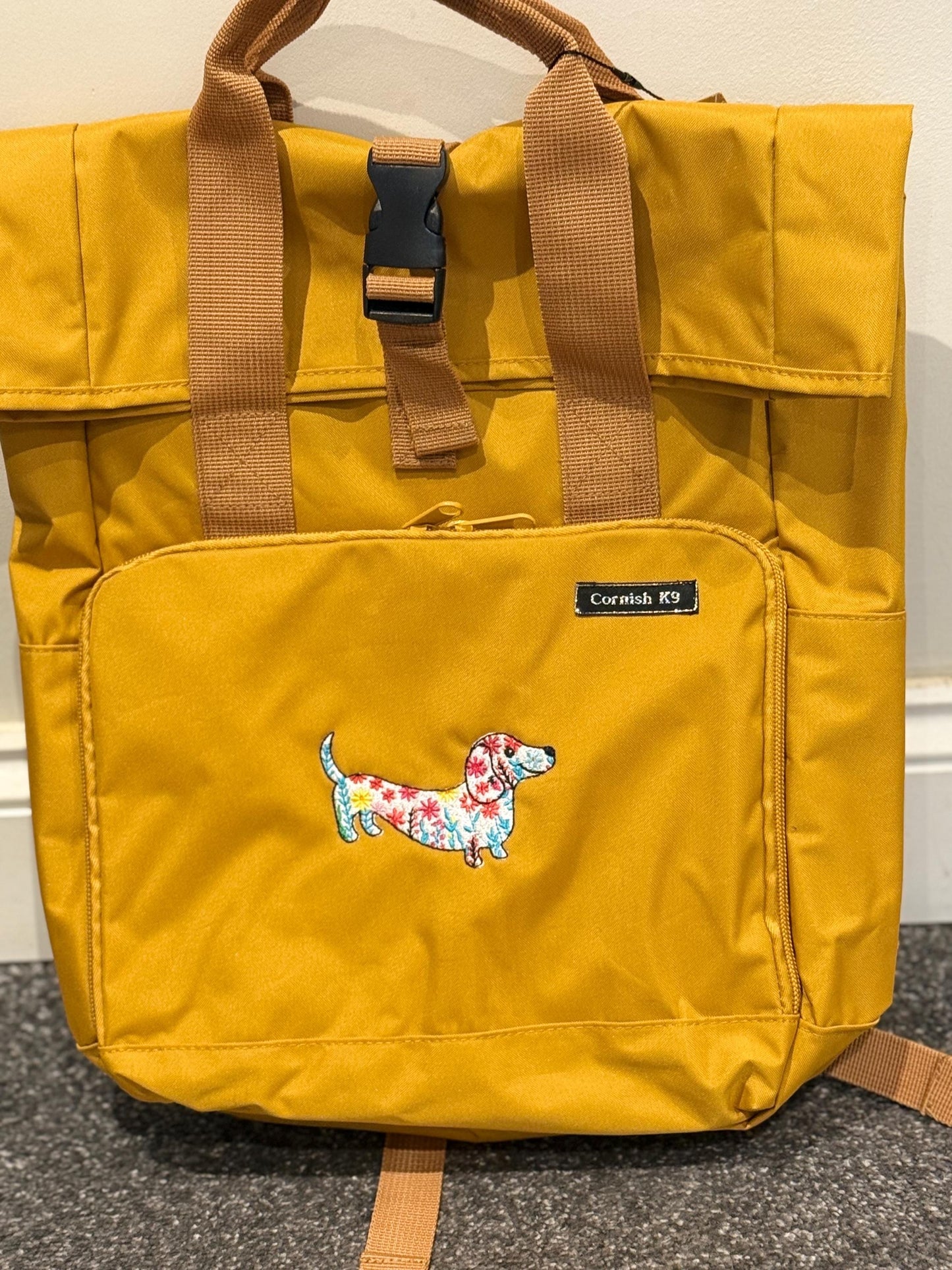 Embroidered Dachshund Roll Top Backpack: Recycled Polyester Rucksack
