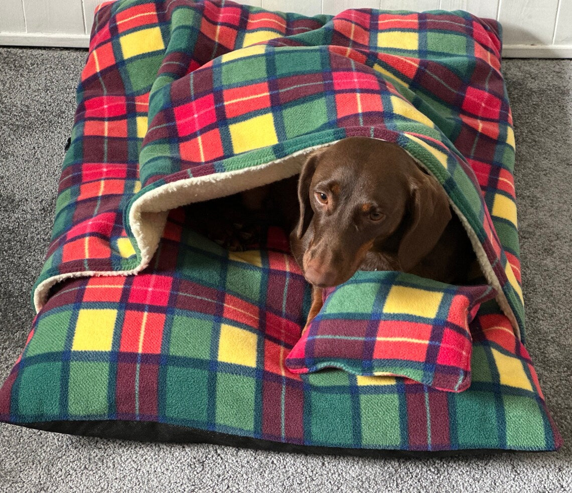 Fleece Dog Bed Cave: Snuggle Sack with Sherpa Lining.
