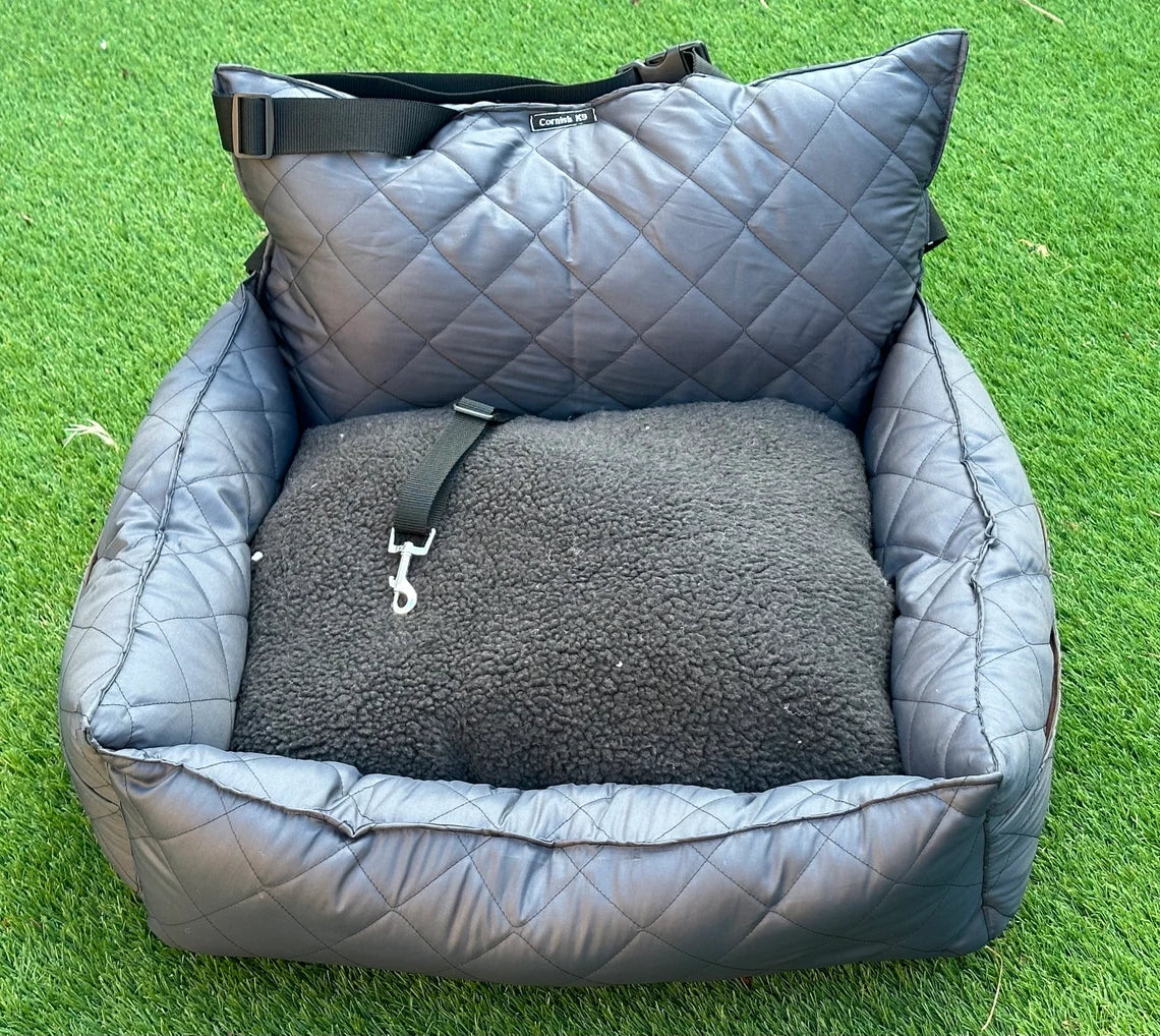 Waterproof Quilted Dog Car Seat: Sherpa Fleece Cushion, Adjustable Straps.
