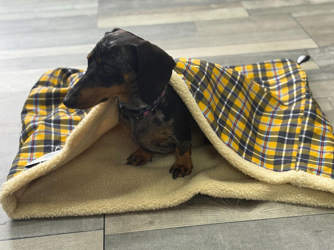 Cornish Tartan Dog Snuggle Sack: Sherpa Fleece Puppy Warmer.