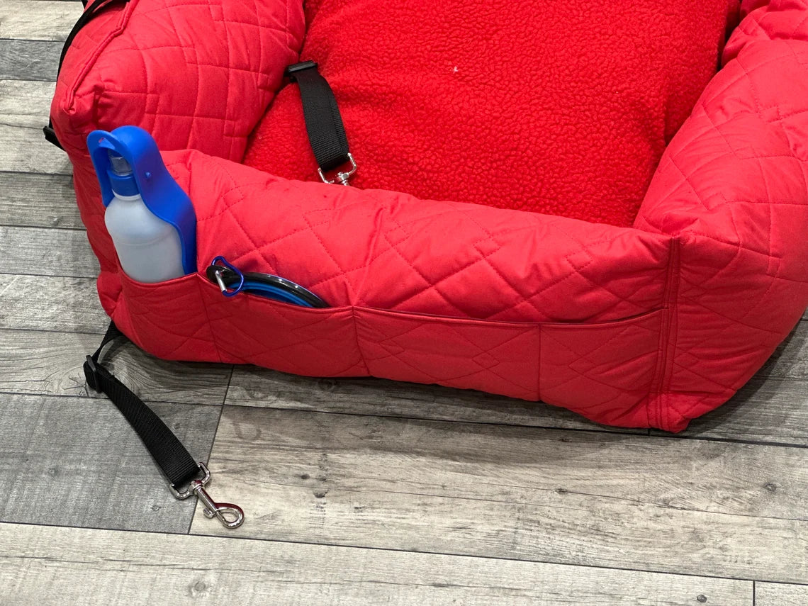 Waterproof Quilted Dog Car Seat: Sherpa Fleece Cushion, Adjustable Straps.