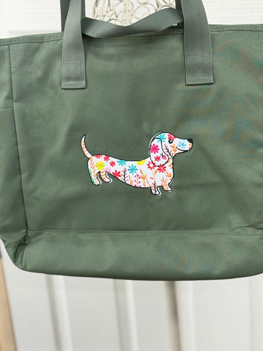 Embroidered Dachshund Tote Bag: Recycled Polyester Travel Bag