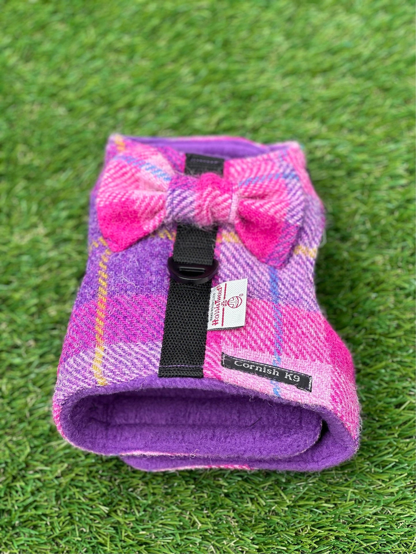 Harris Tweed Dachshund Harness: Fleece Lined Dog Vest with Bow
