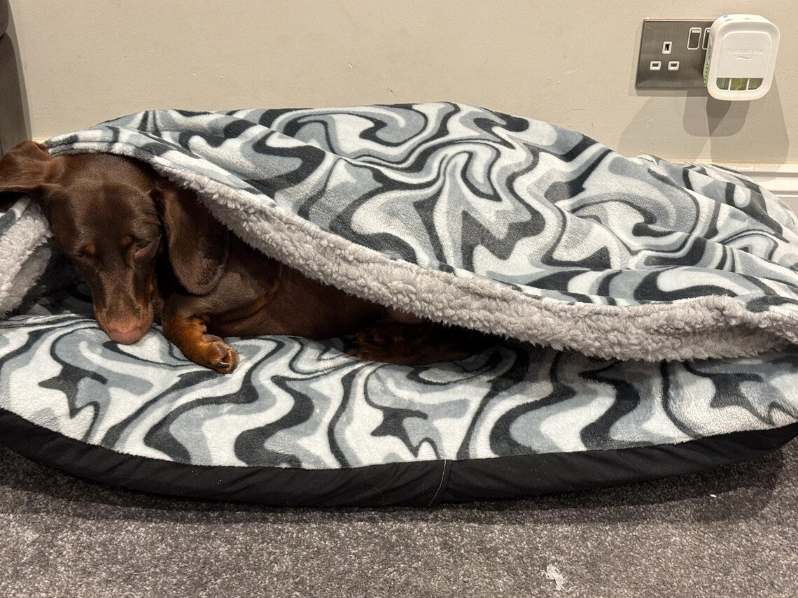 Corduroy Dachshund Bed Cave: Sherpa Fleece Snuggle Sack, Personalized Dog Sleeping Bag