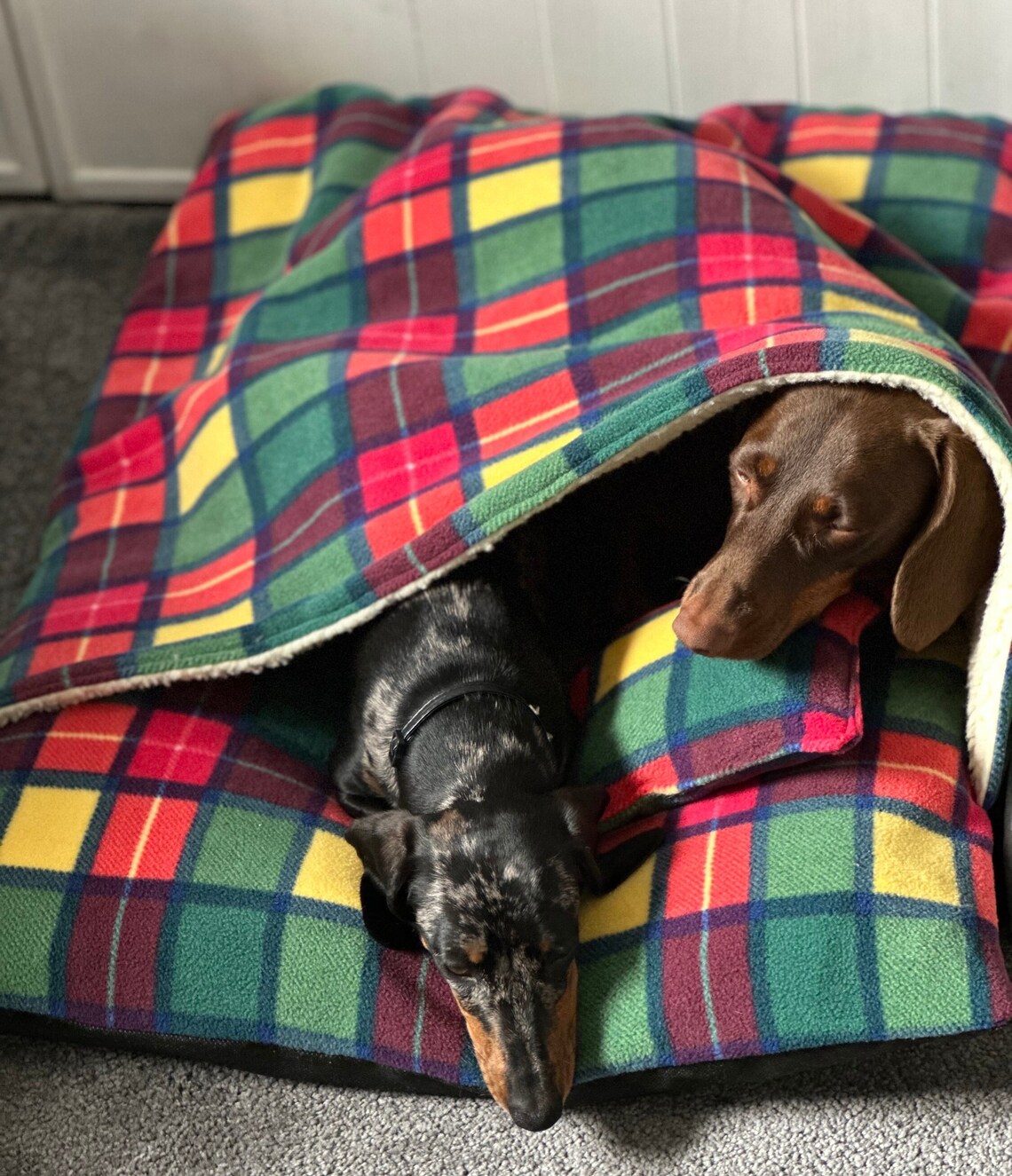 Fleece Dog Bed Cave: Snuggle Sack with Sherpa Lining.