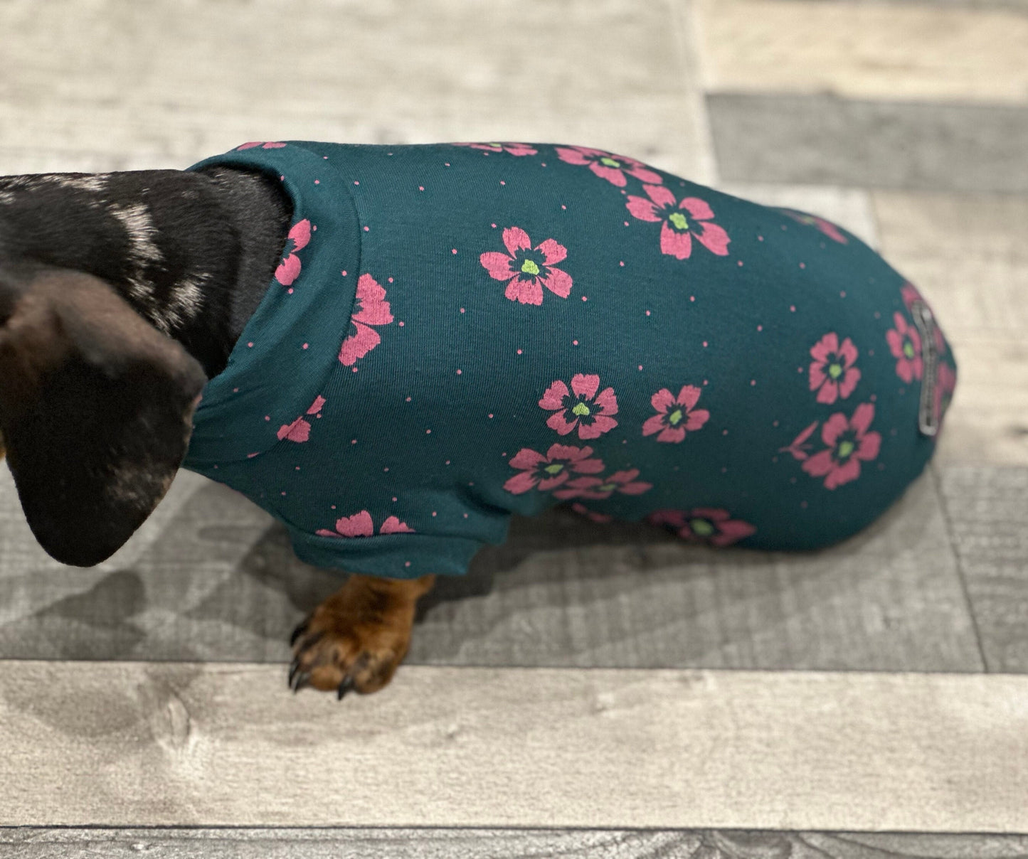 Dachshund Cooling Top: Pink Flowers on Emerald Green Viscose