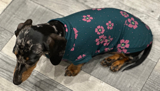 Dachshund Cooling Top: Pink Flowers on Emerald Green Viscose