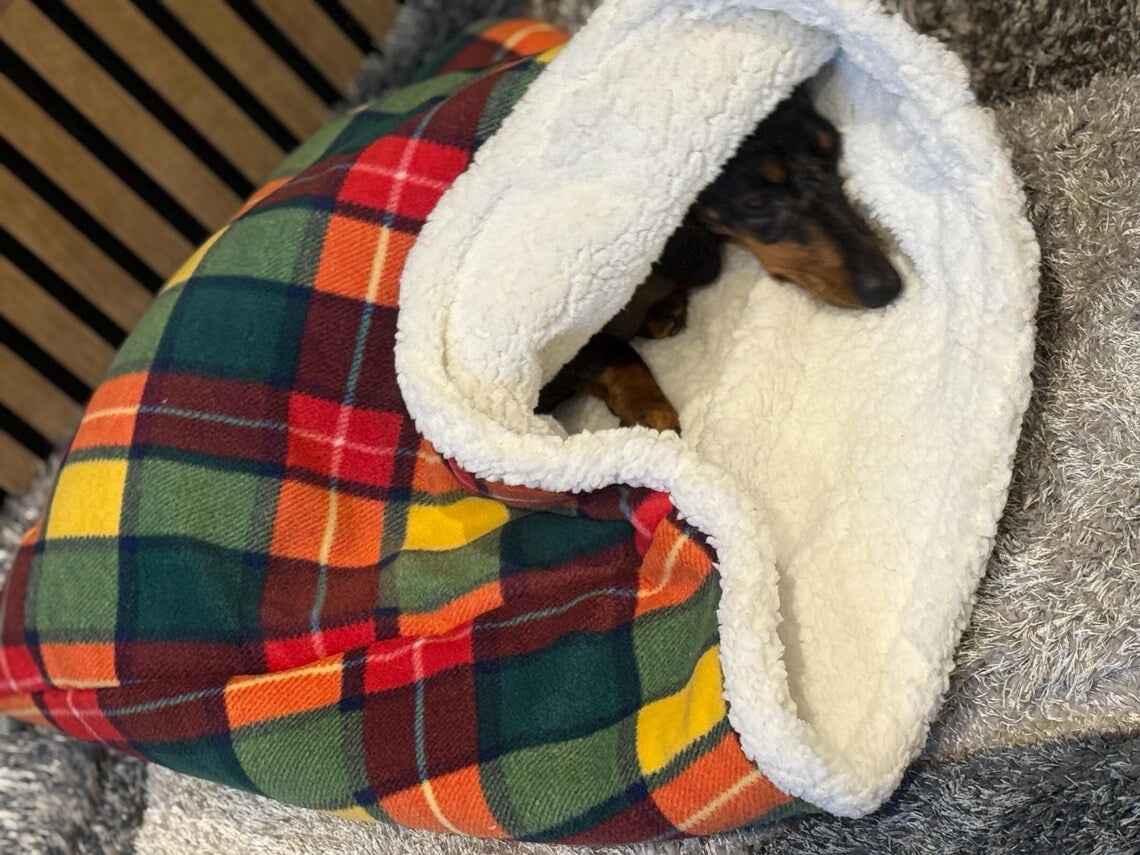 Padded Polar Fleece Dog Snuggle Sack: Dachshund Burrow Bed.