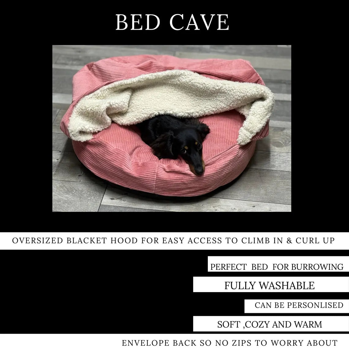 Boucle Dachshund Bed Cave: Snuggle Dog Burrow Bed personalisable.